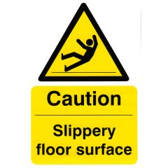 "Caution Slippery Floor Surface" Sign - White/Yellow Self Adhesive Vinyl - 200X300mm (5 Pack)