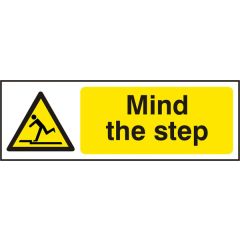 "Mind The Step" Sign - White/Yellow Self Adhesive Vinyl - 300X100mm (5 Pack)