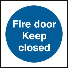 "Fire Door Keep Closed" Sign - White/Blue Self Adhesive Vinyl - 100X100mm (5 Pack)