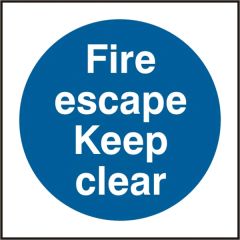 "Fire Escape Keep Clear" Sign - White/Blue Self Adhesive Vinyl - 150X150mm (5 Pack)