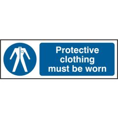 "Protective Clothing Must Be Worn" Sign - White/Blue Self Adhesive Vinyl - 300X100mm (5 Pack)