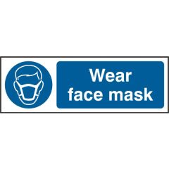"Wear Face Mask" Sign - White/Blue Rigid PVC - 300X100mm (5 Pack)