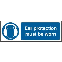"Ear Protection Must Be Worn" Sign - White/Blue Self Adhesive Vinyl - 300X100mm (5 Pack)