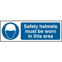 "Safety Helmets Must Be Worn" Sign - White/Blue Self Adhesive Vinyl - 300X100mm (5 Pack)