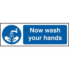 "Now Wash Your Hands" Sign - White/Blue Self Adhesive Vinyl - 300X100mm (5 Pack)
