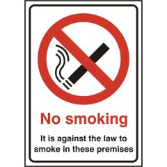 "No Smoking Its Against The Law" Sign - White Self Adhesive - 148X210mm (5 Pack)