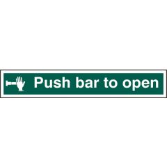 "Push Bar To Open" Sign - Green Self Adhesive Vinyl - 600X100mm (5 Pack)
