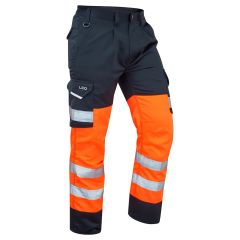 Leo Workwear BIDEFORD ISO 20471 Class 1 Poly/Cotton Cargo Trouser - Hi Vis Orange/Navy