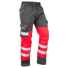 Leo Workwear BIDEFORD ISO 20471 Class 1 Poly/Cotton Cargo Trouser - Hi Vis Red/Grey