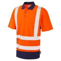 Leo Workwear MORTEHOE ISO 20471 Class 2 Dual Colour Coolviz Plus Polo Shirt - Hi Vis Orange/Navy