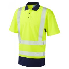 Leo Workwear MORTEHOE ISO 20471 Class 2 Dual Colour Coolviz Plus Polo Shirt - Hi Vis Yellow/Navy