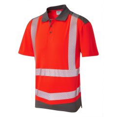 Leo Workwear PEPPERCOMBE ISO 20471 Class 2 Dual Colour Coolviz Plus Polo Shirt - Hi Vis Red/Grey