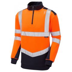 Leo Workwear TAPELEY ISO 20471 Class 2 EcoViz PC Dual Colour 1/4 Zip Sweatshirt - Hi Vis Orange/Navy