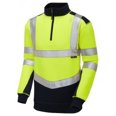 Leo Workwear TAPELEY ISO 20471 Class 2 EcoViz PC Dual Colour 1/4 Zip Sweatshirt - Hi Vis Yellow/Navy