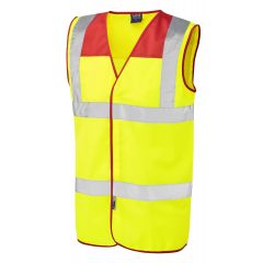 Leo Workwear BRADWORTHY ISO 20471 Class 2 Coloured Yoke Waistcoat - Std Red/Hi Vis Yellow