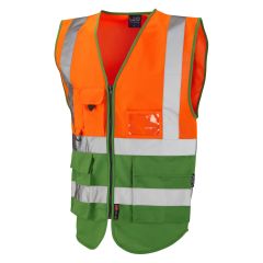 Leo Workwear LYNTON ISO 20471 Class 1 Superior Waistcoat - Hi Vis Orange/Green