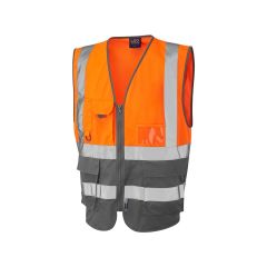 Leo Workwear LYNTON ISO 20471 Class 1 Superior Waistcoat - Hi Vis Orange/Grey