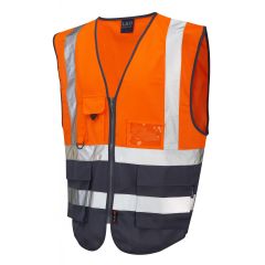 Leo Workwear LYNTON ISO 20471 Class 1 Superior Waistcoat - Hi Vis Orange/Navy
