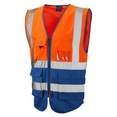 Leo Workwear LYNTON ISO 20471 Class 1 Superior Waistcoat - Hi Vis Orange/Royal
