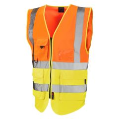 Leo Workwear LYNTON ISO 20471 Class 2 Superior Waistcoat - Hi Vis Orange/Hi Vis Yellow