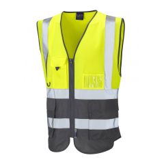 Leo Workwear LYNTON ISO 20471 Class 1 Superior Waistcoat - Hi Vis Yellow/Grey