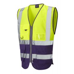 Leo Workwear LYNTON ISO 20471 Class 1 Superior Waistcoat - Hi Vis Yellow/Purple