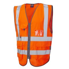 Leo Workwear BARNSTAPLE ISO 20471 Class 2 Superior Railway Waistcoat - Hi Vis Orange
