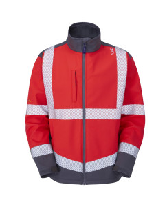 Leo Workwear BOWDEN EcoViz Softshell Jacket Hi-Visibility Class 2 (Red/Grey)