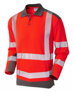 Leo Workwear WRINGCLIFF ISO 20471 Class 2 Dual Colour Coolviz Plus Sleeved Polo Shirt - Hi Vis Red/Grey