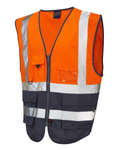 Leo Workwear LYNTON ISO 20471 Class 1 Superior Waistcoat - Hi Vis Orange/Navy
