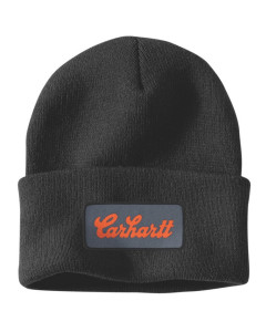 Carhartt 107007 AH7007 Knit Cuffed Script Patch Beanie Hat (Black)