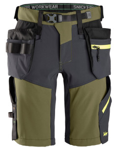 Snickers 6140 FlexiWork Softshell Stretch Shorts+ Holster Pockets (Khaki Green / Grey)