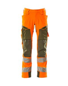 MASCOT 19079 Accelerate Safe Trousers With Kneepad Pockets - Mens - Hi-Vis Orange/Moss Green