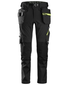 Snickers 6940 FlexiWork Softshell Stretch Work Trousers Holster Pockets (Black/Neon Yellow)