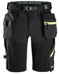 Snickers 6140 FlexiWork Softshell Stretch Shorts+ Holster Pockets (Black / Neon Yellow)