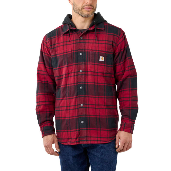 Carhartt 105621 Flannel Fleece Lined Hooded Shirt Jacket Oxblood Red