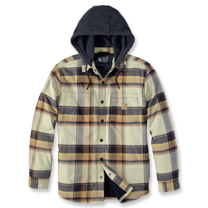 Carhartt 105938 Flannel Sherpa Lined Hooded Shirt Jacket Dark Brown Check