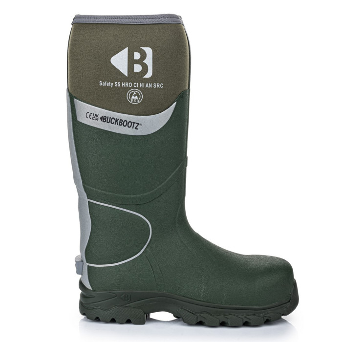 Buckbootz BBZ8000 High Visibility Safety Neoprene Wellington Boots S5 HRO CI HI AN SRC Green Silver