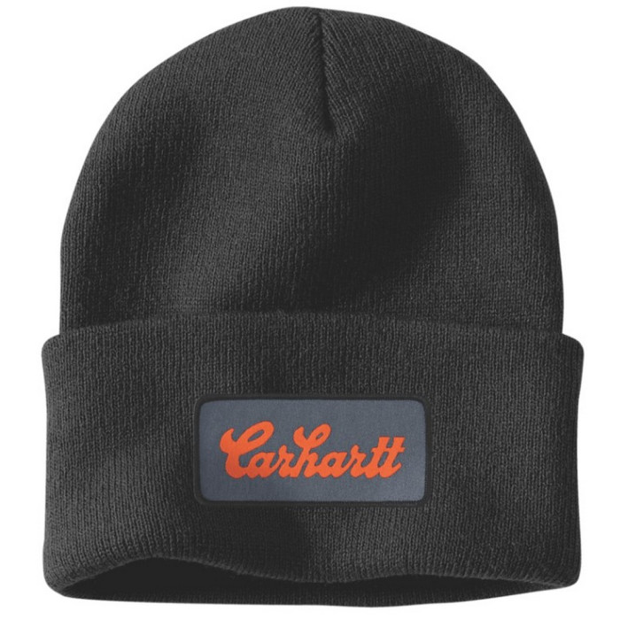Carhartt 107007 AH7007 Knit Cuffed Script Patch Beanie Hat (Black)