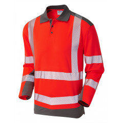 Leo Workwear WRINGCLIFF ISO 20471 Class 2 Dual Colour Coolviz Plus Sleeved Polo Shirt - Hi Vis Red/Grey