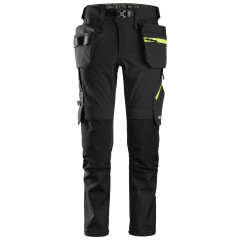 Snickers 6940 FlexiWork Softshell Stretch Work Trousers Holster Pockets (Black/Neon Yellow)