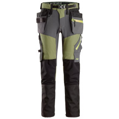 Snickers 6940 FlexiWork Softshell Stretch Work Trousers Holster Pockets (Khaki Green / Steel Grey)